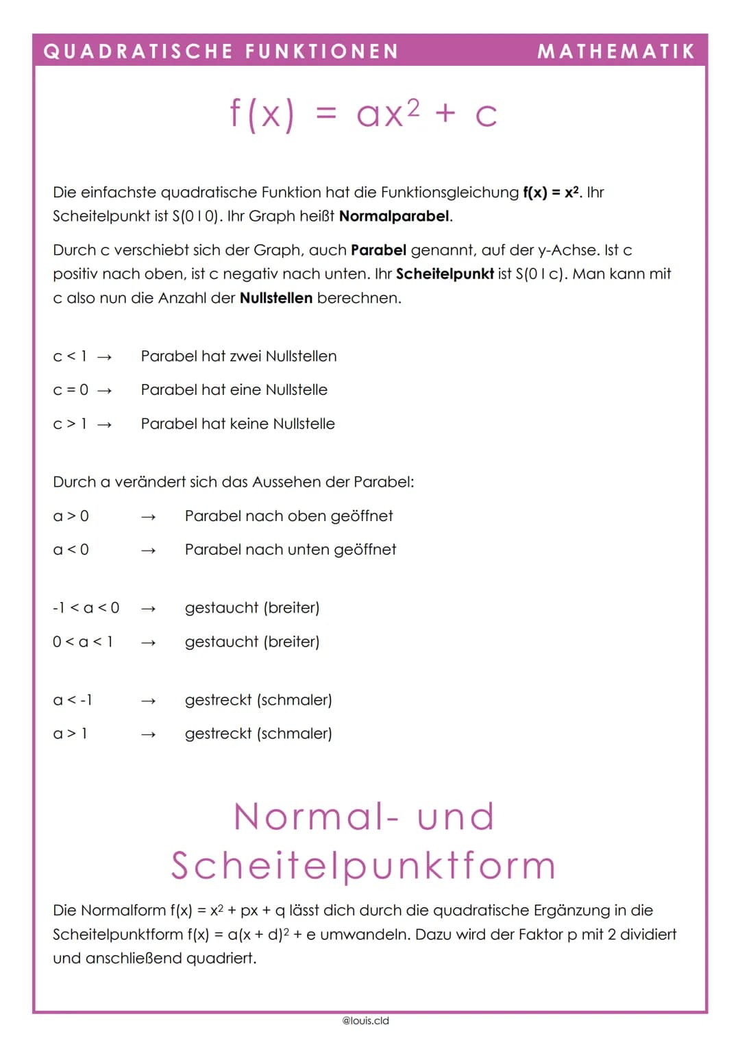 QUADRATISCHE FUNKTIONEN
C<1 →
Die einfachste quadratische Funktion hat die Funktionsgleichung f(x) = x². Ihr
Scheitelpunkt ist S(010). Ihr G