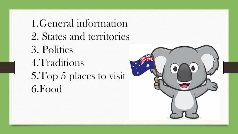 --m
|m
|
Australia
facts & figures 1.General information
2. States and territories
3. Politics
4. Traditions
5.Top 5 places to visit
6. Food