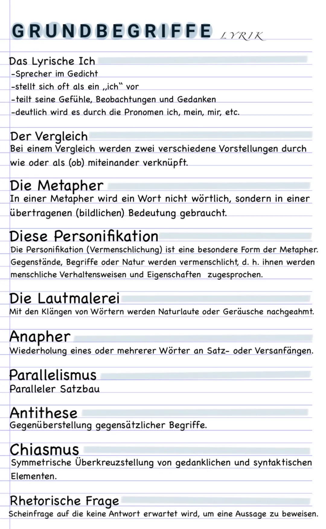 GRUNDBEGRIFFE LYRIK
Das Lyrische Ich
-Sprecher im Gedicht
-stellt sich oft als ein ,,ich" vor
-teilt seine Gefühle, Beobachtungen und Gedank