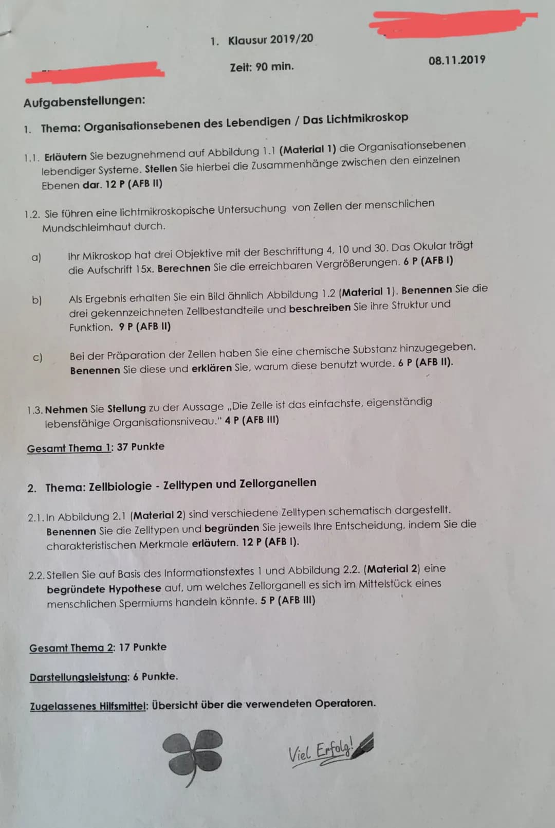 Aufgabenstellungen:
a)
1. Thema: Organisationsebenen des Lebendigen / Das Lichtmikroskop
1.1. Erläutern Sie bezugnehmend auf Abbildung 1.1 (