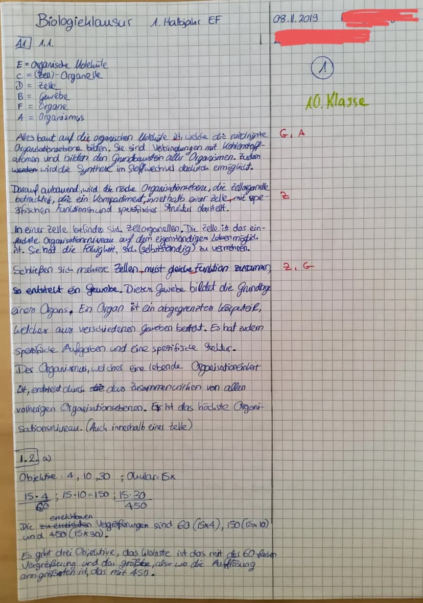 Aufgabenstellungen:
a)
1. Thema: Organisationsebenen des Lebendigen / Das Lichtmikroskop
1.1. Erläutern Sie bezugnehmend auf Abbildung 1.1 (