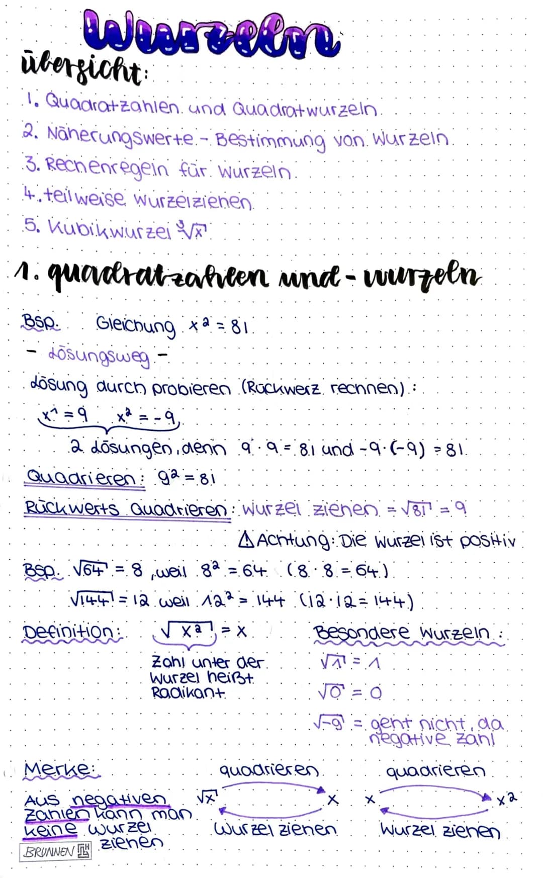 Weereeln
übersicht:
1. Quadratzahlen und Quadratwurzeln.
2. Näherungswerte - Bestimmung von Wurzeln
3. Rechenregein für Wurzeln.
4. teilweis