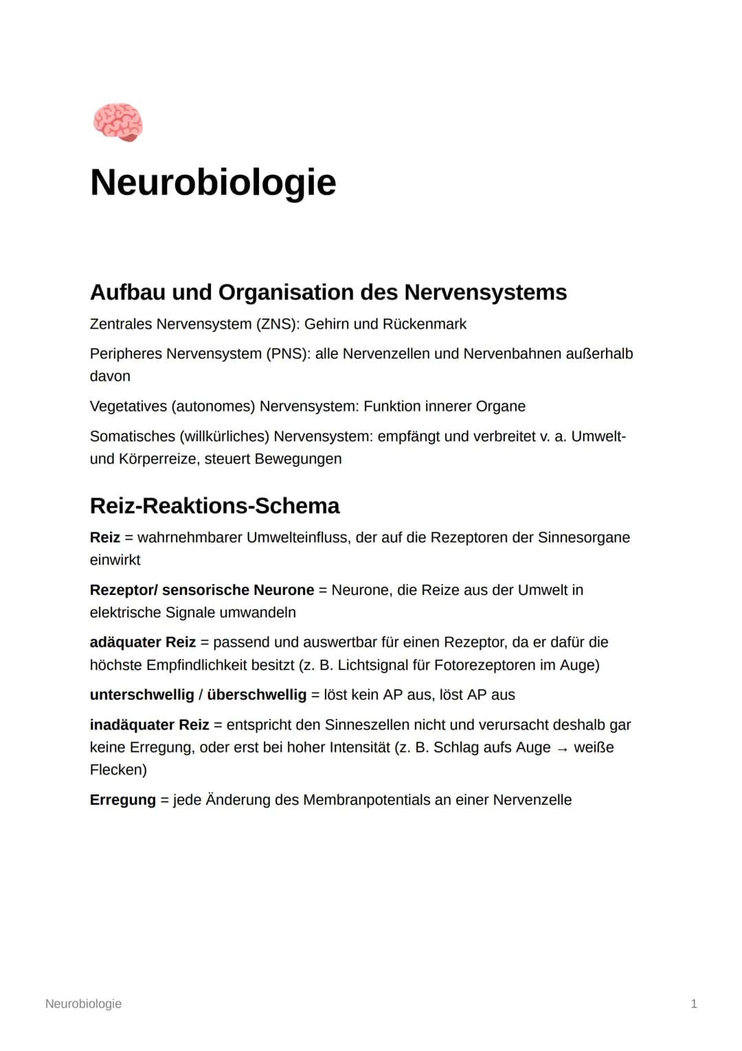 Neurobiologie
Aufbau und Organisation des Nervensystems
Zentrales Nervensystem (ZNS): Gehirn und Rückenmark
Peripheres Nervensystem (PNS): a
