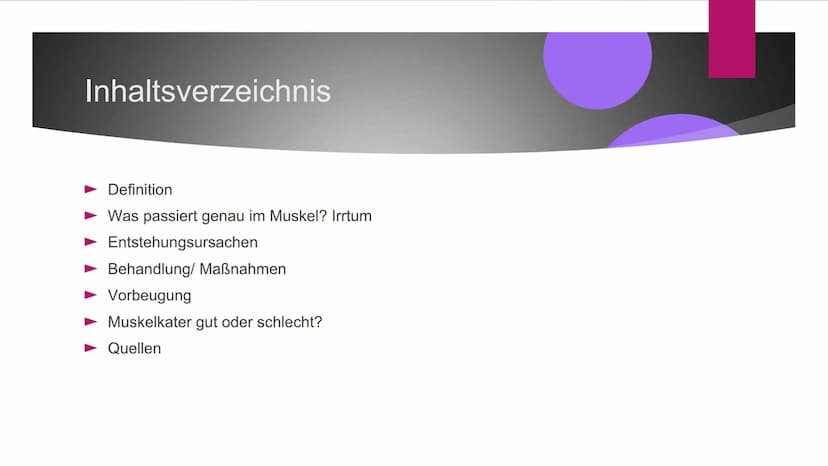 Muskelkater Inhaltsverzeichnis
Definition
Was passiert genau im Muskel? Irrtum
Entstehungsursachen
Behandlung/ Maßnahmen
► Vorbeugung
Muskel