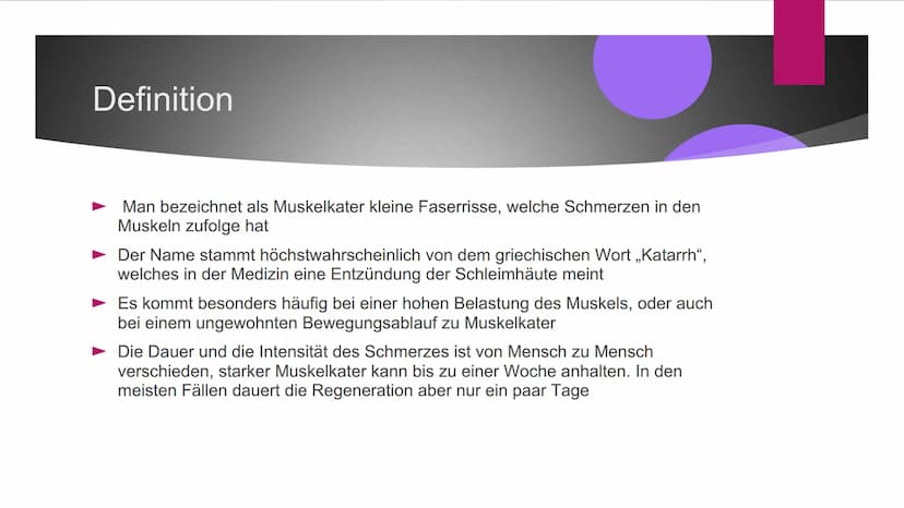 Muskelkater Inhaltsverzeichnis
Definition
Was passiert genau im Muskel? Irrtum
Entstehungsursachen
Behandlung/ Maßnahmen
► Vorbeugung
Muskel