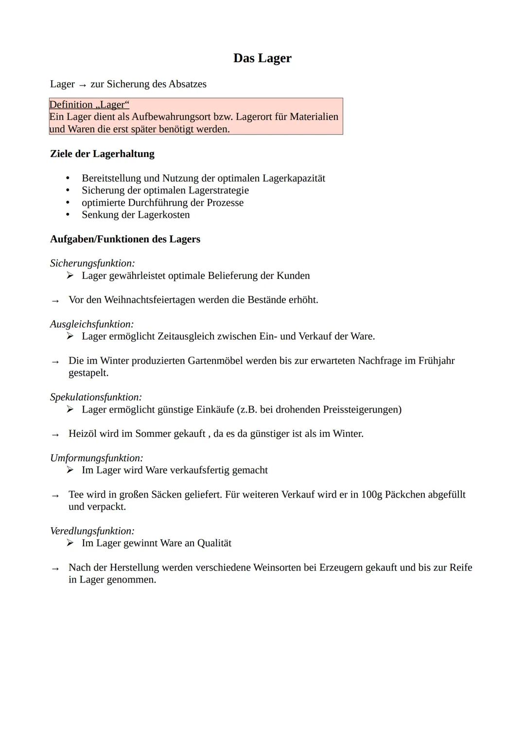 # Das Lager

Lager zur Sicherung des Absatzes

Definition „Lager"

Ein Lager dient als Aufbewahrungsort bzw. Lagerort für Materialien
und Wa