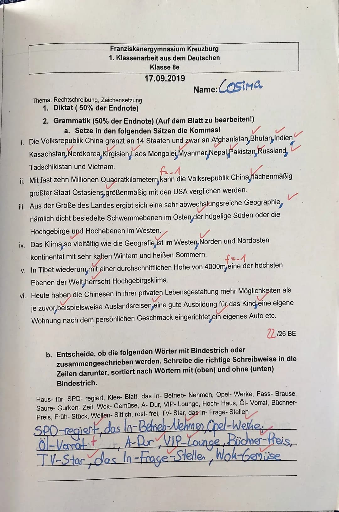 Franziskanergymnasium Kreuzburg
1. Klassenarbeit aus dem Deutschen
Klasse 8e
17.09.2019
Thema: Rechtschreibung, Zeichensetzung
1. Diktat (50