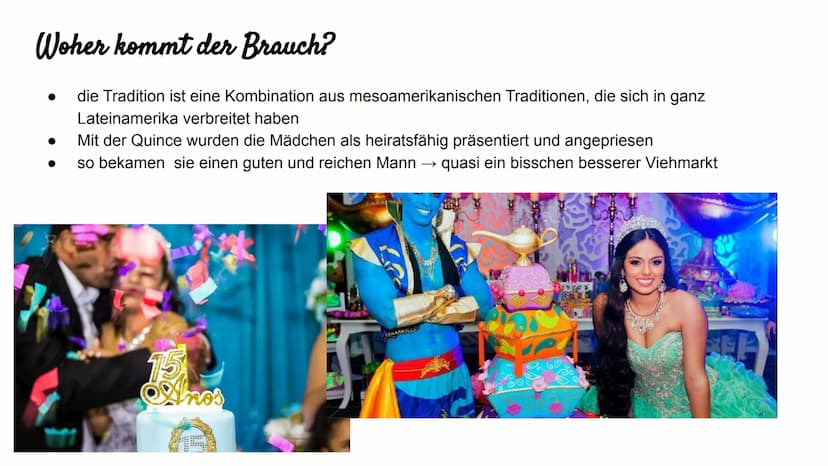 Quinceañera Gliederung
Definition
Woher kommt der Brauch?
Wie wird gefeiert?
Die Kosten der Feier
Moderne Zeiten
Fazit
Quellenangaben Defini