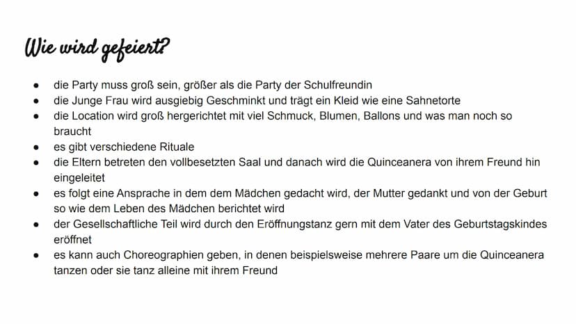 Quinceañera Gliederung
Definition
Woher kommt der Brauch?
Wie wird gefeiert?
Die Kosten der Feier
Moderne Zeiten
Fazit
Quellenangaben Defini
