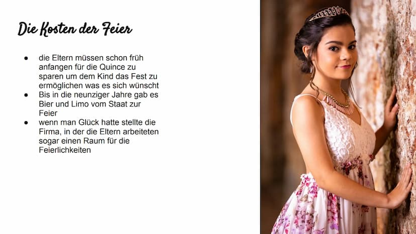 Quinceañera Gliederung
Definition
Woher kommt der Brauch?
Wie wird gefeiert?
Die Kosten der Feier
Moderne Zeiten
Fazit
Quellenangaben Defini