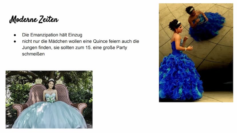 Quinceañera Gliederung
Definition
Woher kommt der Brauch?
Wie wird gefeiert?
Die Kosten der Feier
Moderne Zeiten
Fazit
Quellenangaben Defini
