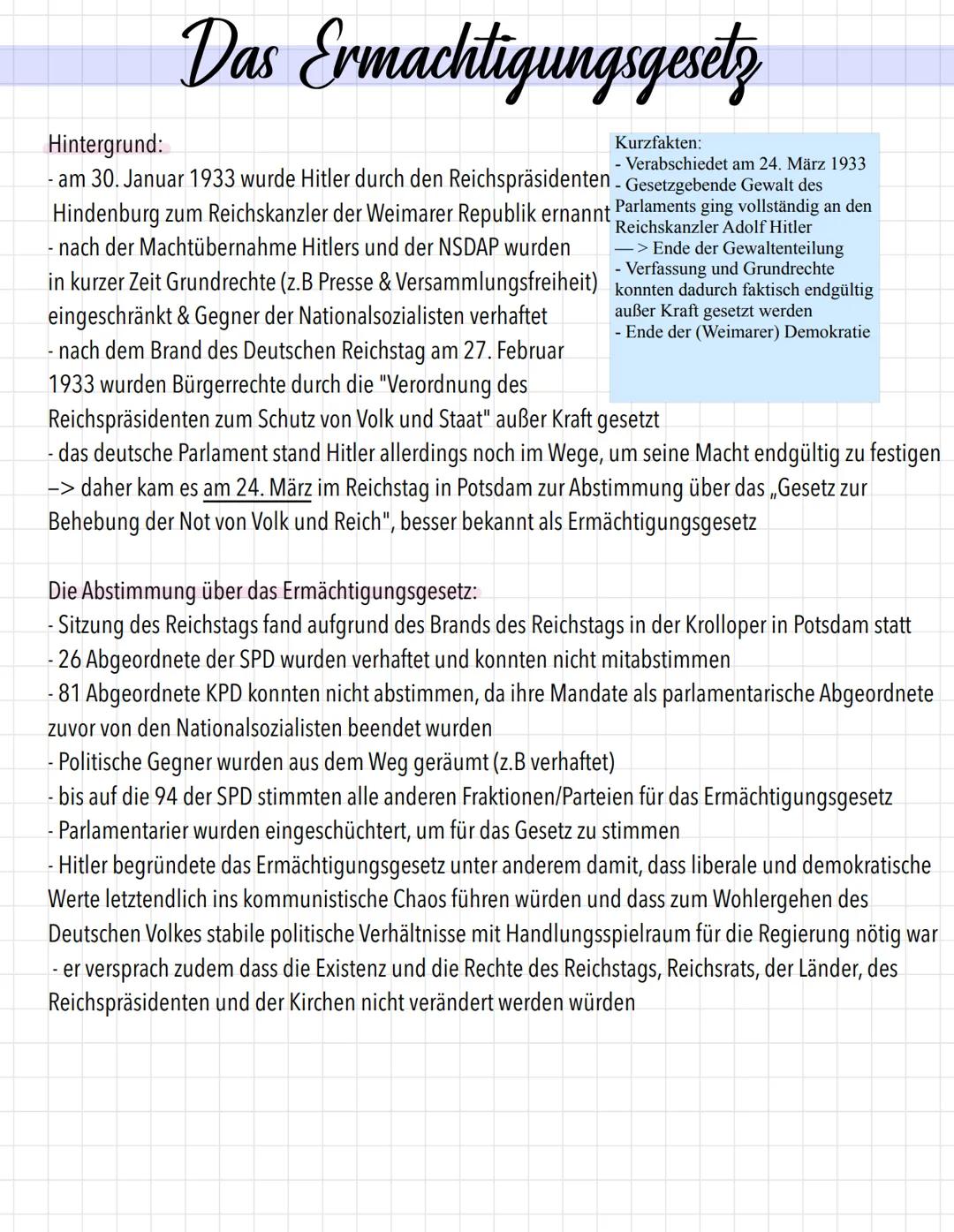 # Das Ermachtigungsgesetz

Kurzfakten:
- Verabschiedet am 24. März 1933
Hintergrund:
- am 30. Januar 1933 wurde Hitler durch den Reichspräsi
