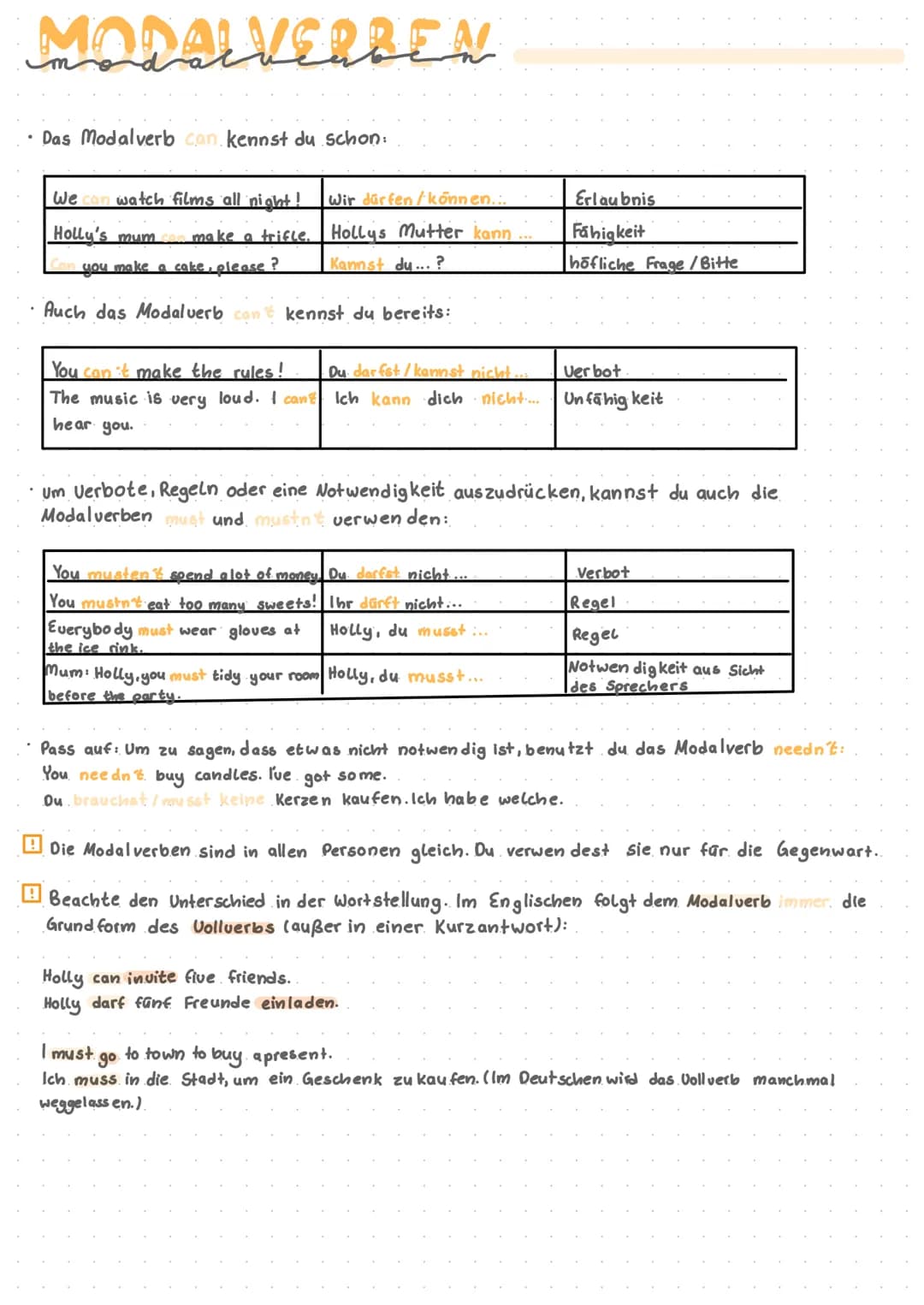 MODALVERREN
• Das Modalverb can kennst du schon:
We can watch films all night!
Holly's mum can make a trifle.
you make a cake, please?
Auch 