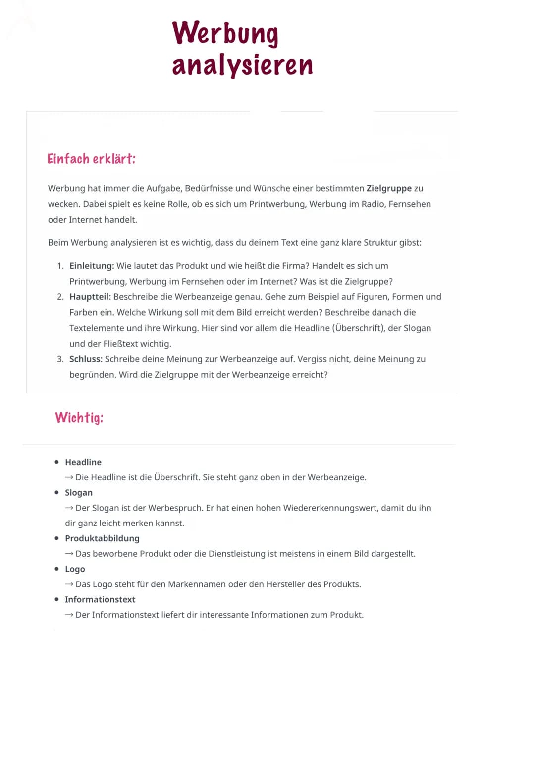 Werbung
analysieren
Einfach erklärt:
Werbung hat immer die Aufgabe, Bedürfnisse und Wünsche einer bestimmten Zielgruppe zu
wecken. Dabei spi