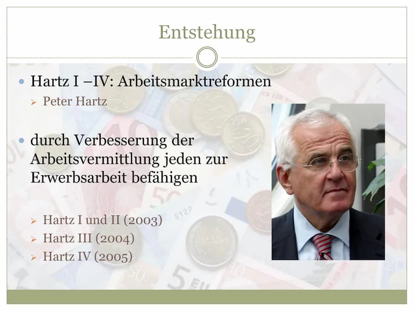 EZB EKPEKT
EBPO
EYPO
EURO
E28 EKP EKT ESB EKB BCE EBC
Arbeitslosengeld II
O
HARTZ
IV Entstehung
• Definition
Voraussetzungen
Höhe des Geldes