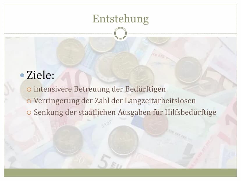 EZB EKPEKT
EBPO
EYPO
EURO
E28 EKP EKT ESB EKB BCE EBC
Arbeitslosengeld II
O
HARTZ
IV Entstehung
• Definition
Voraussetzungen
Höhe des Geldes