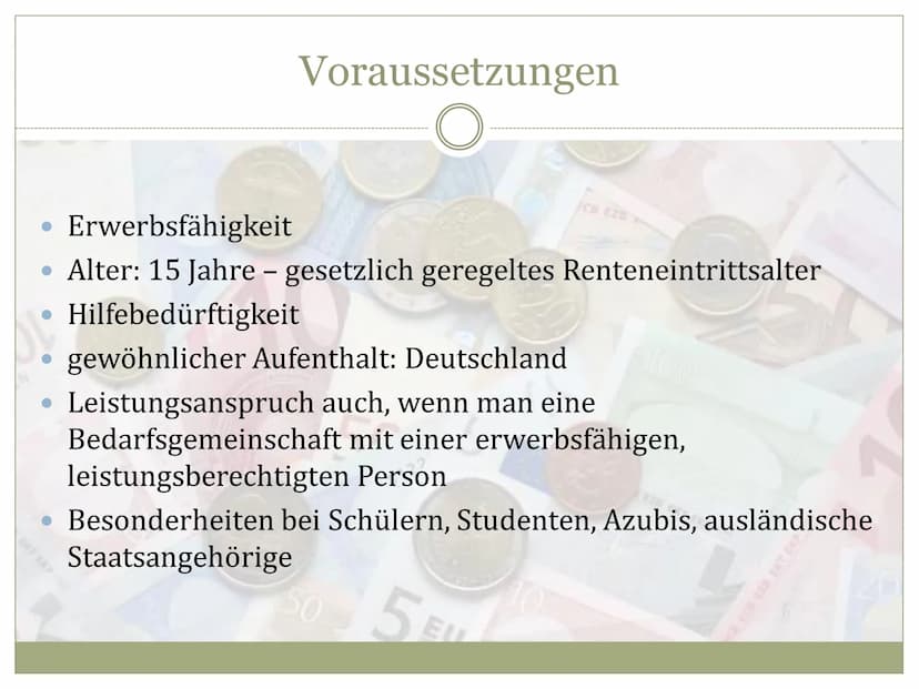 EZB EKPEKT
EBPO
EYPO
EURO
E28 EKP EKT ESB EKB BCE EBC
Arbeitslosengeld II
O
HARTZ
IV Entstehung
• Definition
Voraussetzungen
Höhe des Geldes