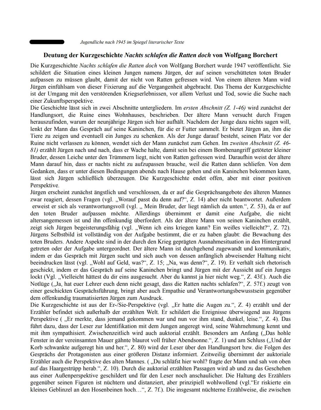 Jugendliche nach 1945 im Spiegel literarischer Texte
Deutung der Kurzgeschichte Nachts schlafen die Ratten doch von Wolfgang Borchert
Die Ku