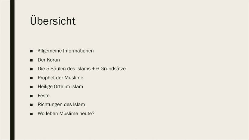 DIE GRUNDSÄTZE
DES ISLAMS Übersicht
■ Allgemeine Informationen
Der Koran
■ Die 5 Säulen des Islams + 6 Grundsätze
■ Prophet der Muslime
■ He