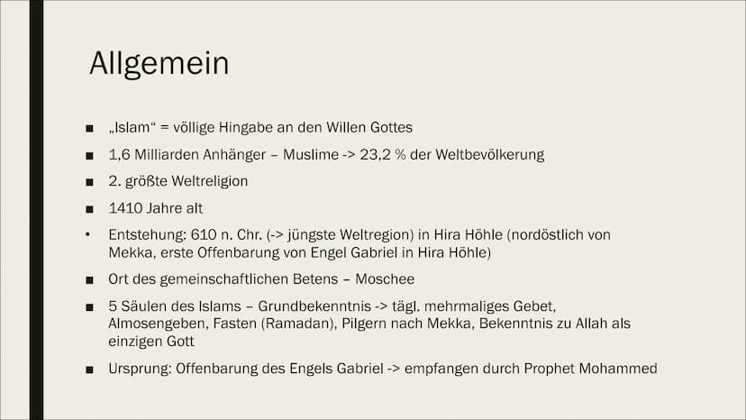 DIE GRUNDSÄTZE
DES ISLAMS Übersicht
■ Allgemeine Informationen
Der Koran
■ Die 5 Säulen des Islams + 6 Grundsätze
■ Prophet der Muslime
■ He