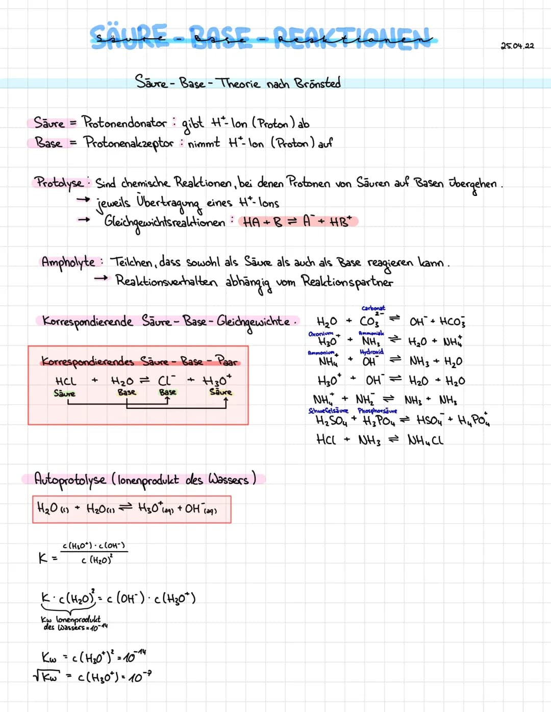 SÄURE-BASE-REAKTIONEN
Säure = Protonendonator : gibt H+-lon (Proton) ab
Base = Protonenakzeptor nimmt H+-lon (Proton) auf
Protolyse Sind che