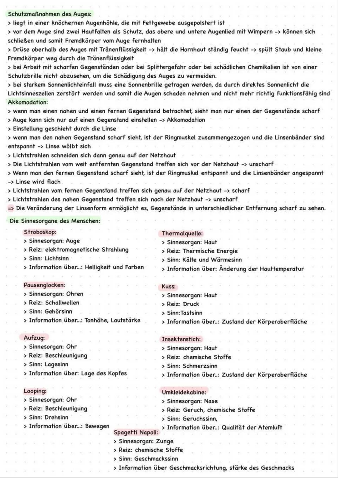 Lernzettel Biologie
Begriffe:
Reize: Jeder Einfluss aus der Umwelt, der eine Wirkung auf den Körper hat, wird als Reiz bezeichnet
Sinn: Die 