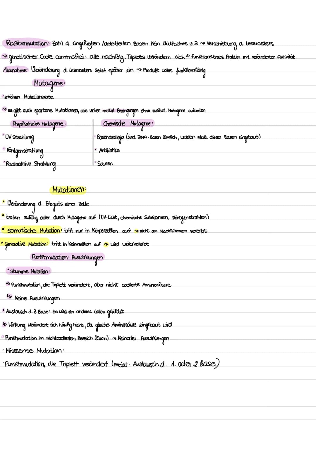 Rastermutation: Zahl d. eingefügten /deletierten Basen Kein Vielfaches u.3 ~ Verschiebung d. Leserasters
» genetischer Code commafrei: alle 