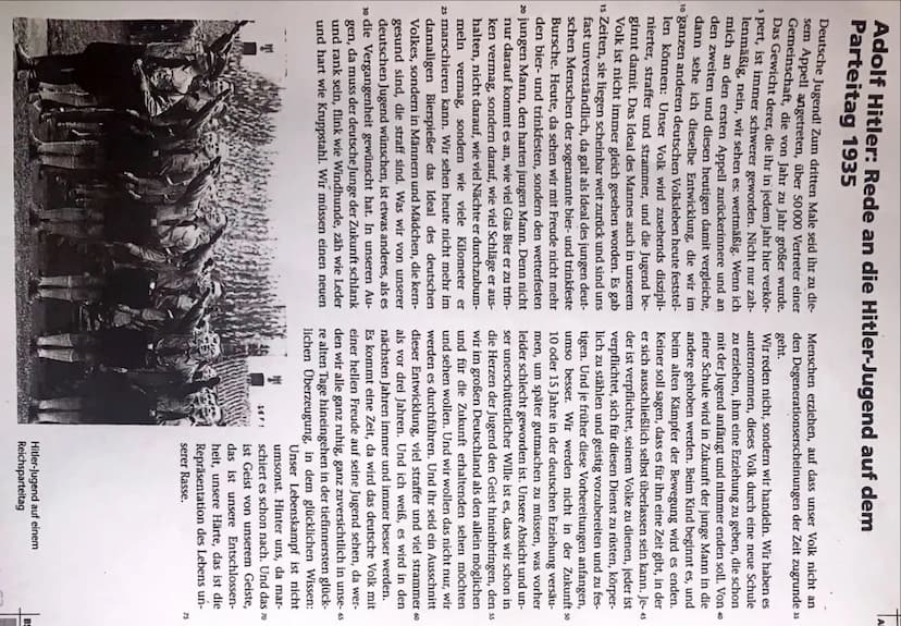 Adolf Hitler: Rede an die Hitler-Jugend auf dem
Parteitag 1935
Deutsche Jugend! Zum dritten Male seid ihr zu die-
sem Appell angetreten, übe