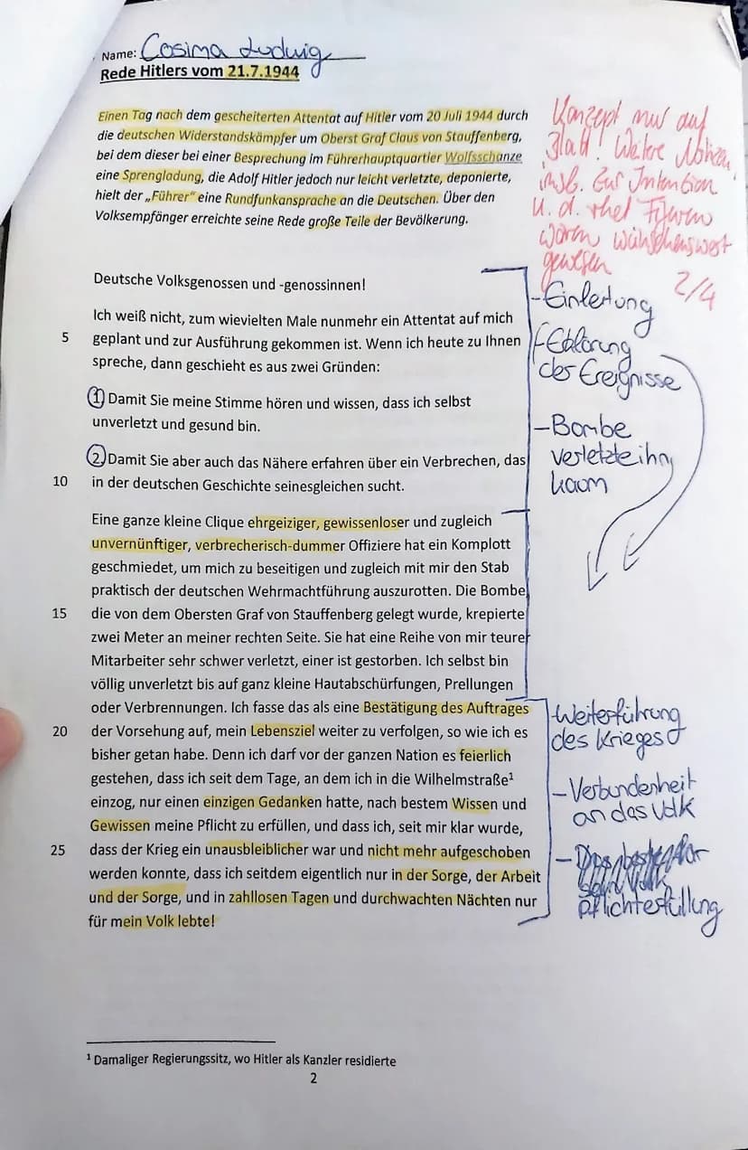 Cosima Ludwig
4. Klassenarbeit im Fach Deutsch am 07.06.2022
- Redeanalyse -
Name:
Aufgabenstellung:
Analysiere die vorliegende Rede Adolf H