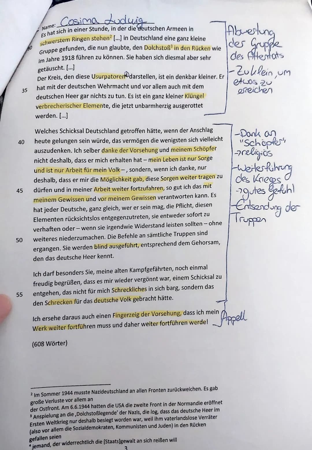 Cosima Ludwig
4. Klassenarbeit im Fach Deutsch am 07.06.2022
- Redeanalyse -
Name:
Aufgabenstellung:
Analysiere die vorliegende Rede Adolf H