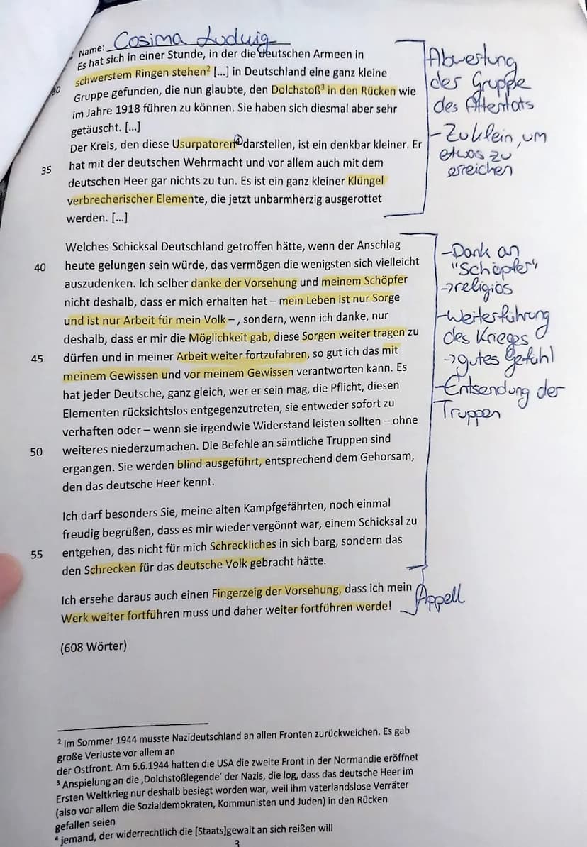 Cosima Ludwig
4. Klassenarbeit im Fach Deutsch am 07.06.2022
- Redeanalyse -
Name:
Aufgabenstellung:
Analysiere die vorliegende Rede Adolf H