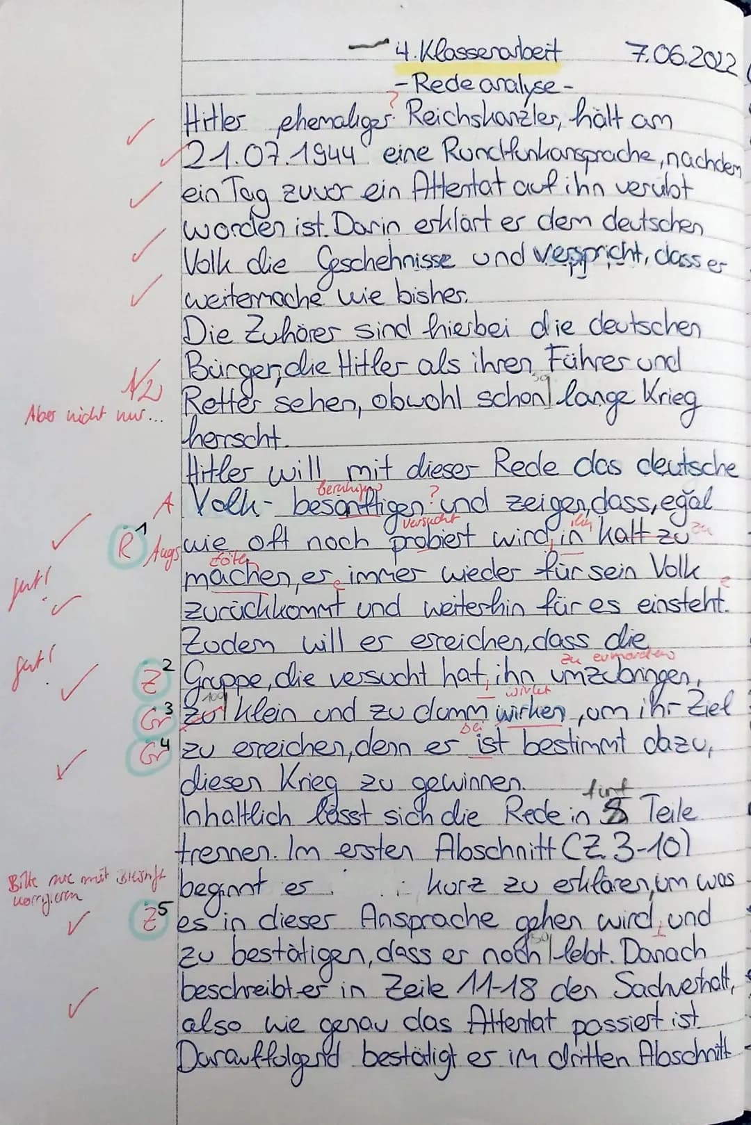Cosima Ludwig
4. Klassenarbeit im Fach Deutsch am 07.06.2022
- Redeanalyse -
Name:
Aufgabenstellung:
Analysiere die vorliegende Rede Adolf H