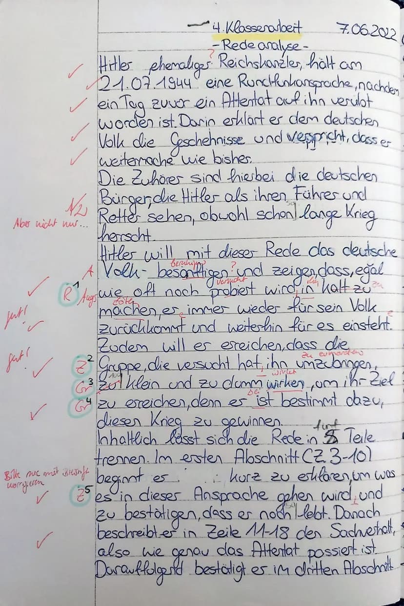 Cosima Ludwig
4. Klassenarbeit im Fach Deutsch am 07.06.2022
- Redeanalyse -
Name:
Aufgabenstellung:
Analysiere die vorliegende Rede Adolf H