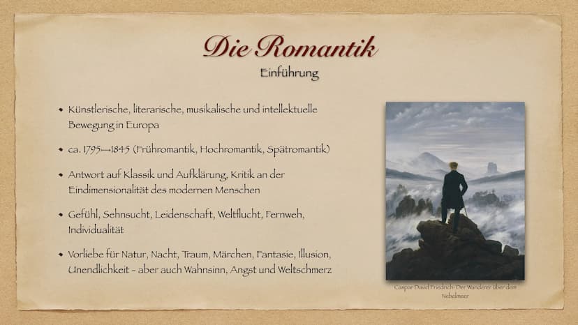Epochenübersicht: Die Romantik
Die Epoche der großen Gefühle Die Romantik
Einführung
◆ Künstlerische, literarische, musikalische und intelle