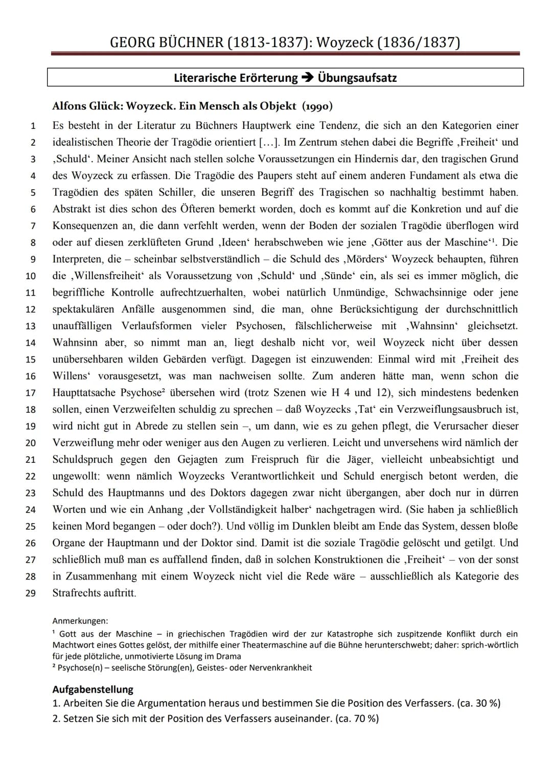 GEORG BÜCHNER (1813-1837): Woyzeck (1836/1837)
Literarische Erörterung → Übungsaufsatz
Alfons Glück: Woyzeck. Ein Mensch als Objekt (1990)
1