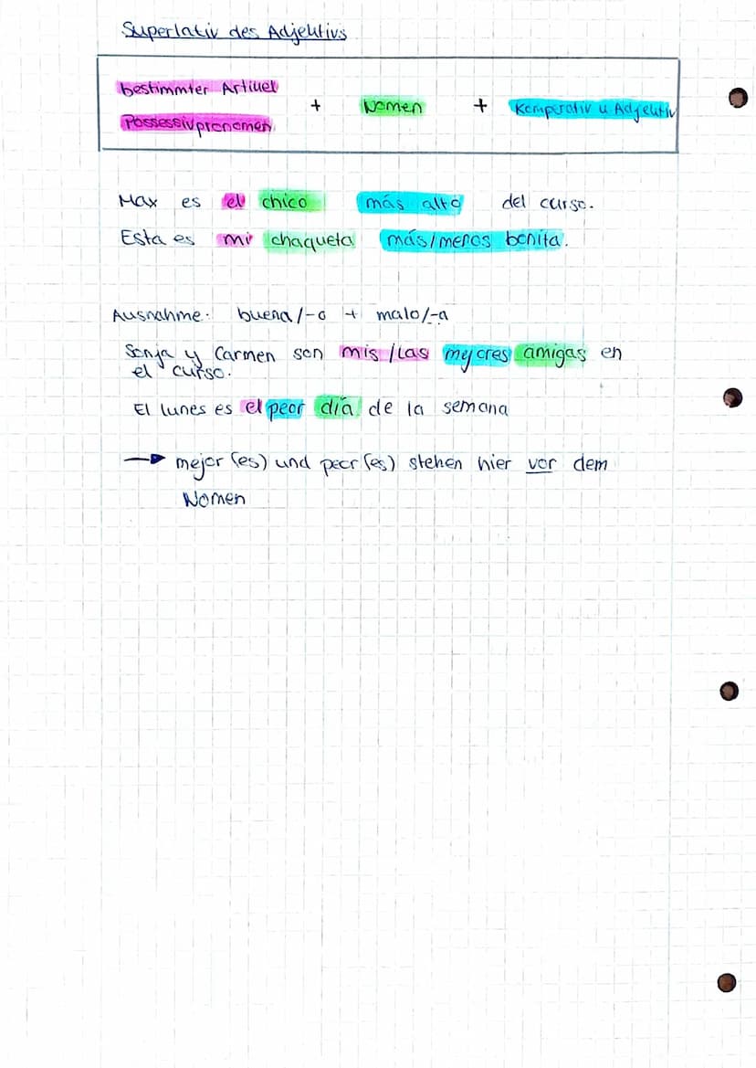 Komperativ des Adjektivs.
más (+)1
mencs (-)
tan (=)
A
4
adjektivo
+ sustantivo
adverbio
+
Yor Zahlen (bzw alles was
und kein , que" !
ade
A