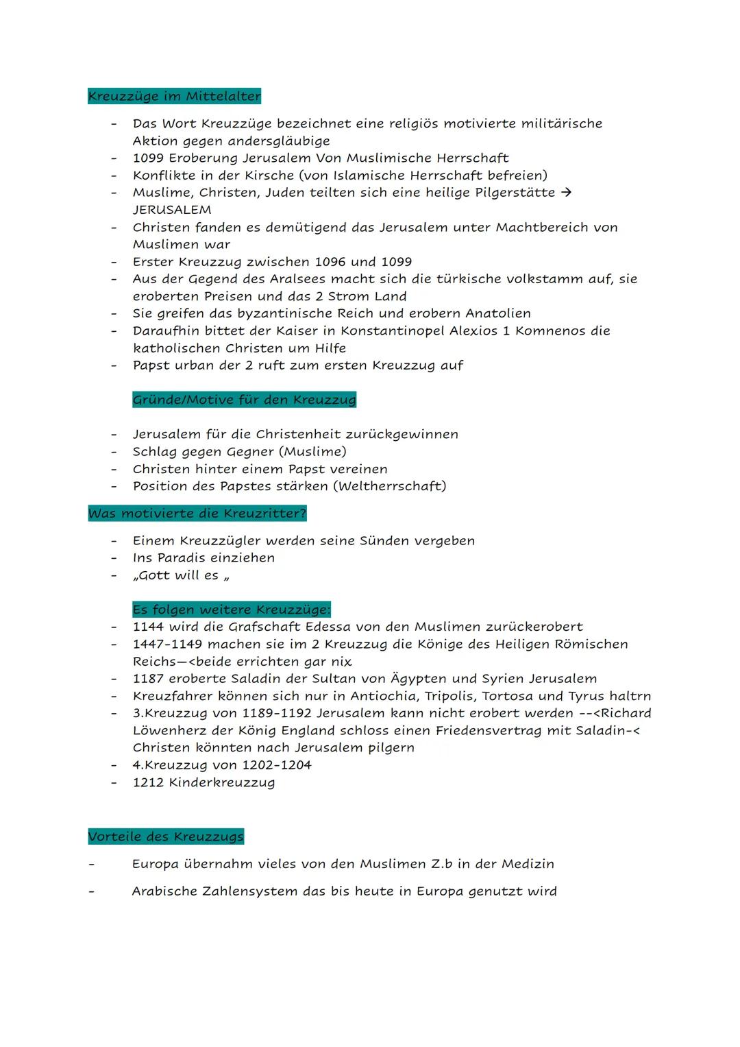 # Kreuzzüge im Mittelalter

- Das Wort Kreuzzüge bezeichnet eine religiös motivierte militärische
Aktion gegen andersgläubige
- 1099 Eroberu