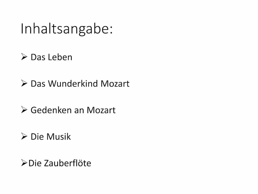 Wolfgang Amadeus Mozart Inhaltsangabe:
Das Leben
> Das Wunderkind Mozart
➤ Gedenken an Mozart
Die Musik
>Die Zauberflöte Warum ist die Musik