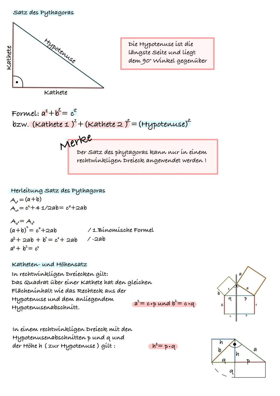 Kathete
satz des Pythagoras
Hypotenuse
Kathete
Formel: a² + b² = c²
bzw. (Kathete 1 )² + (Kathete 2)² = (Hypotenuse)²
Merke
Der Satz des phy