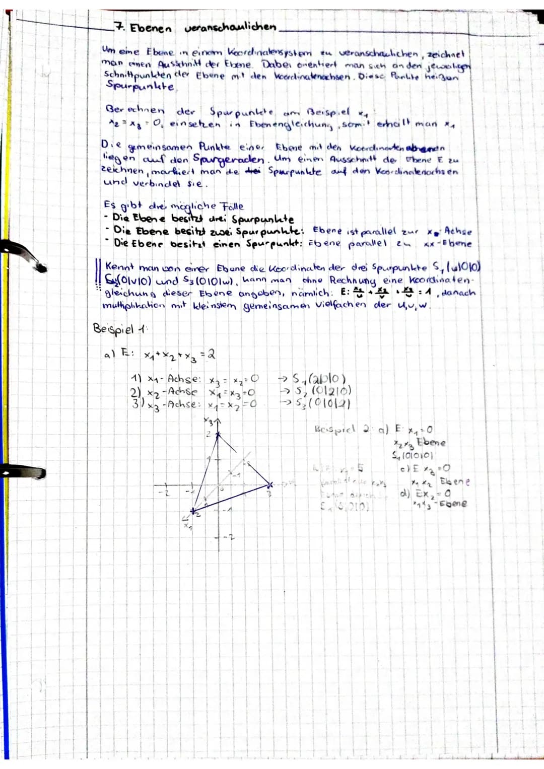 7. Ebenen veranschaulichen.
Um eine Ebene in einem Koordinatensystem zu veranschaulichen, zeichnet
man einen Ausschnitt der Ebene. Dabei ori
