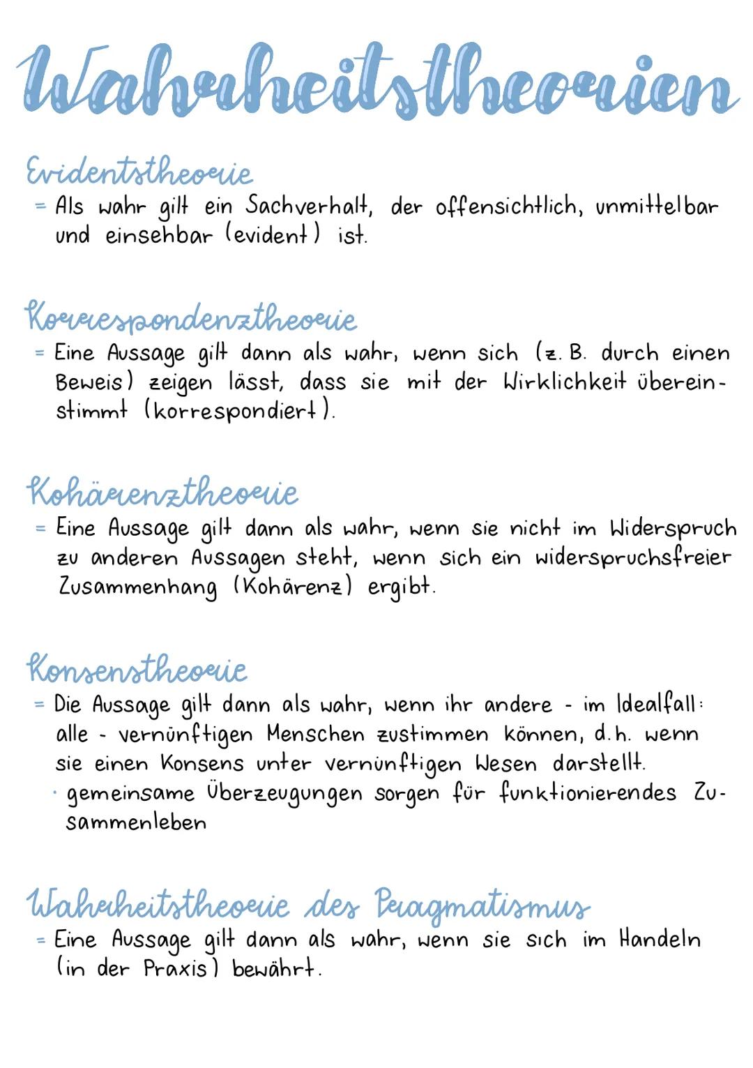 Wahrheitstheorien
Evidentstheorie
= Als wahr gilt ein Sachverhalt, der offensichtlich, unmittelbar
und einsehbar (evident) ist.
Korresponden