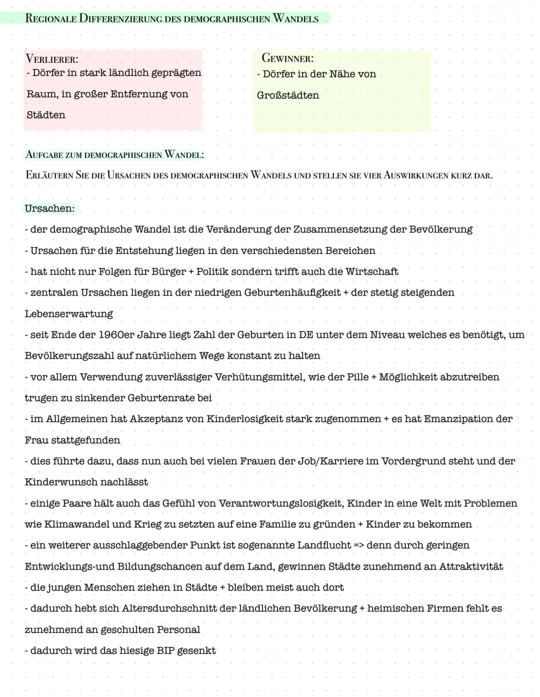 DEMOGRAPHISCHER WANDEL
Die Veränderung der Zusammensetzung der Bevölkerungsstruktur wird als demographischer Wandel
bezeichnet.
URSACHEN:
- 