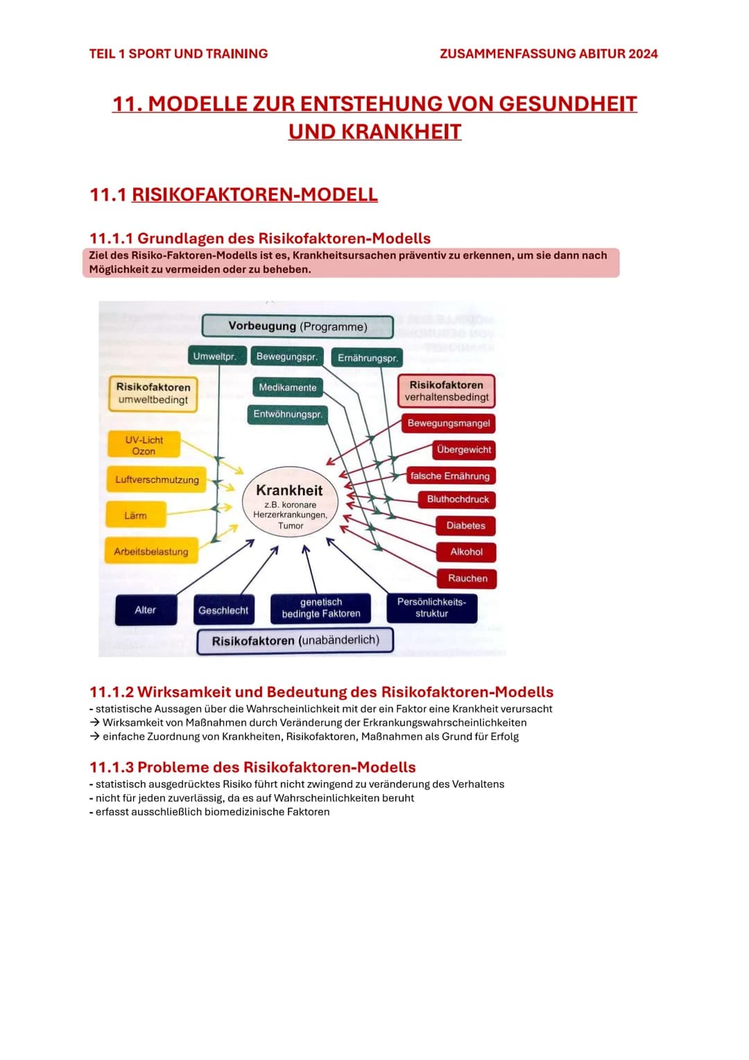 TEIL 1 SPORT UND TRAINING
ZUSAMMENFASSUNG ABITUR 2024
11. MODELLE ZUR ENTSTEHUNG VON GESUNDHEIT
UND KRANKHEIT
11.1 RISIKOFAKTOREN-MODELL
11.