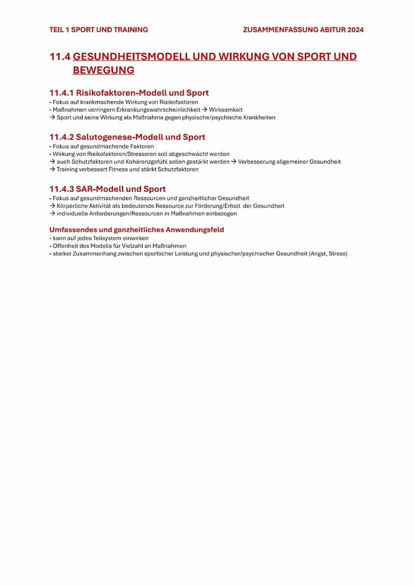 TEIL 1 SPORT UND TRAINING
ZUSAMMENFASSUNG ABITUR 2024
11. MODELLE ZUR ENTSTEHUNG VON GESUNDHEIT
UND KRANKHEIT
11.1 RISIKOFAKTOREN-MODELL
11.