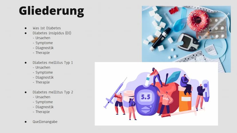 Diabetes
ऊ Gliederung
Was ist Diabetes
Diabetes insipidus (DI)
- Ursachen
- Symptome
- Diagnostik
- Therapie
Diabetes mellitus Typ 1
- Ursac