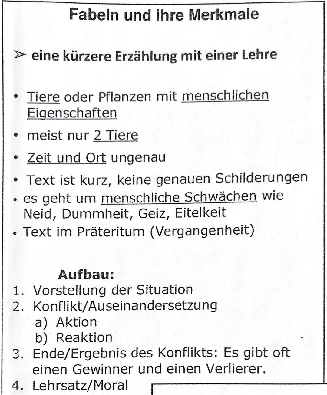 Fabeln und ihre Merkmale
> eine kürzere Erzählung mit einer Lehre
• Tiere oder Pflanzen mit menschlichen
Eigenschaften
meist nur 2 Tiere
• Z
