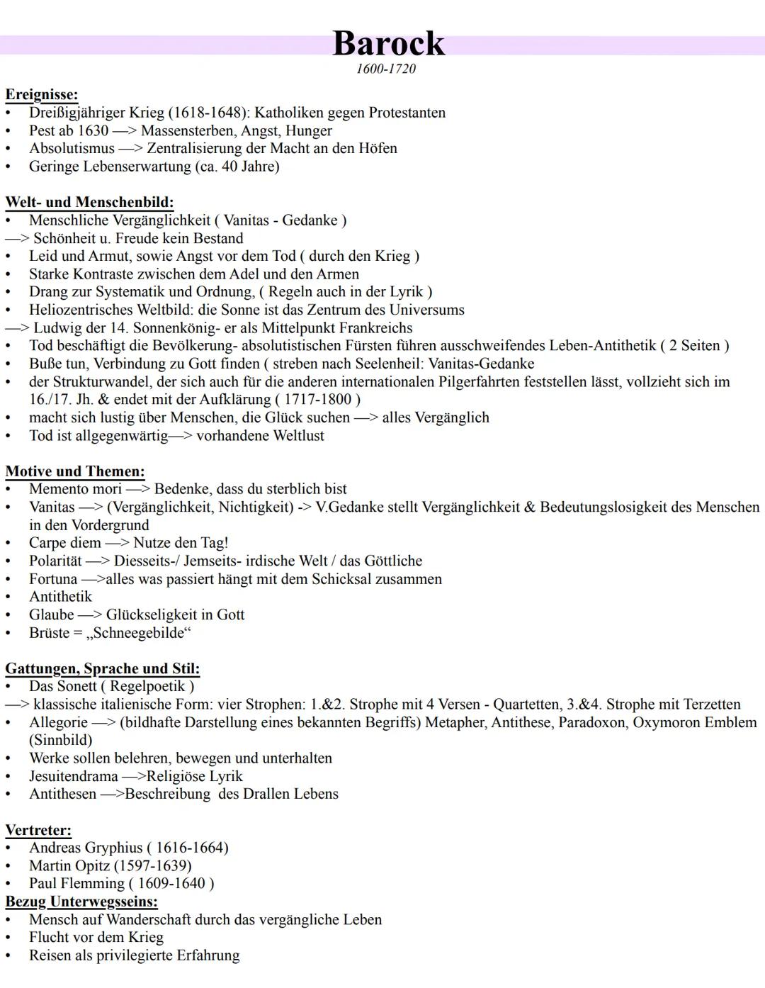 # Barock
1600-1720

Ereignisse:
- Dreißigjähriger Krieg (1618-1648): Katholiken gegen Protestanten
- Pest ab 1630-> Massensterben, Angst, Hu