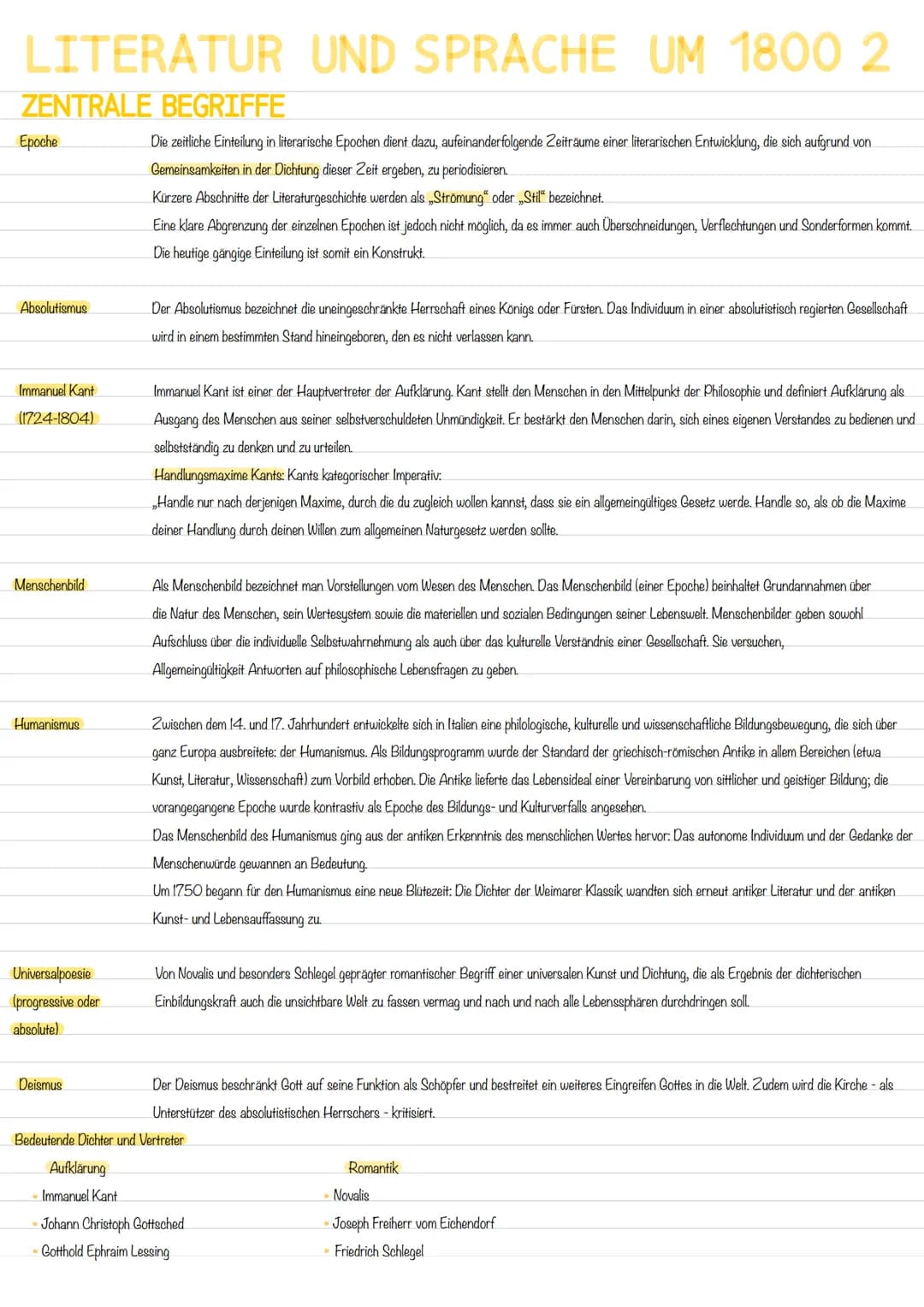 LITERATUR UND SPRACHE UM 1800
LERNZETTEL
Historischer Kontext
Bürgertum
ökonomische Hocht
Aufklärungsprozess:
Ratio, Kritik an Herrschersyst