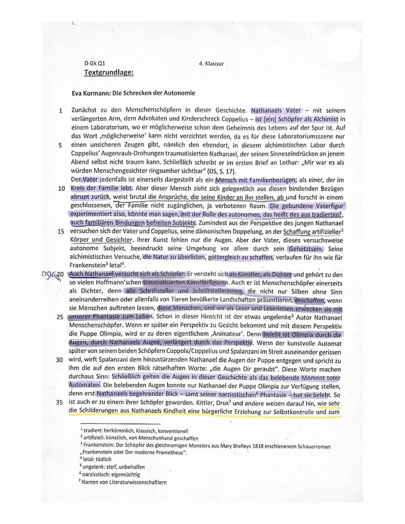 D Gk Q1
Thema:
Aufgabe:
4. Klausur
4. Klausur
Gk Deutsch Q1
08.06.21
E. T. A. Hoffmann: Der Sandmann
1. Analysieren Sie die vorliegende ,,Sa