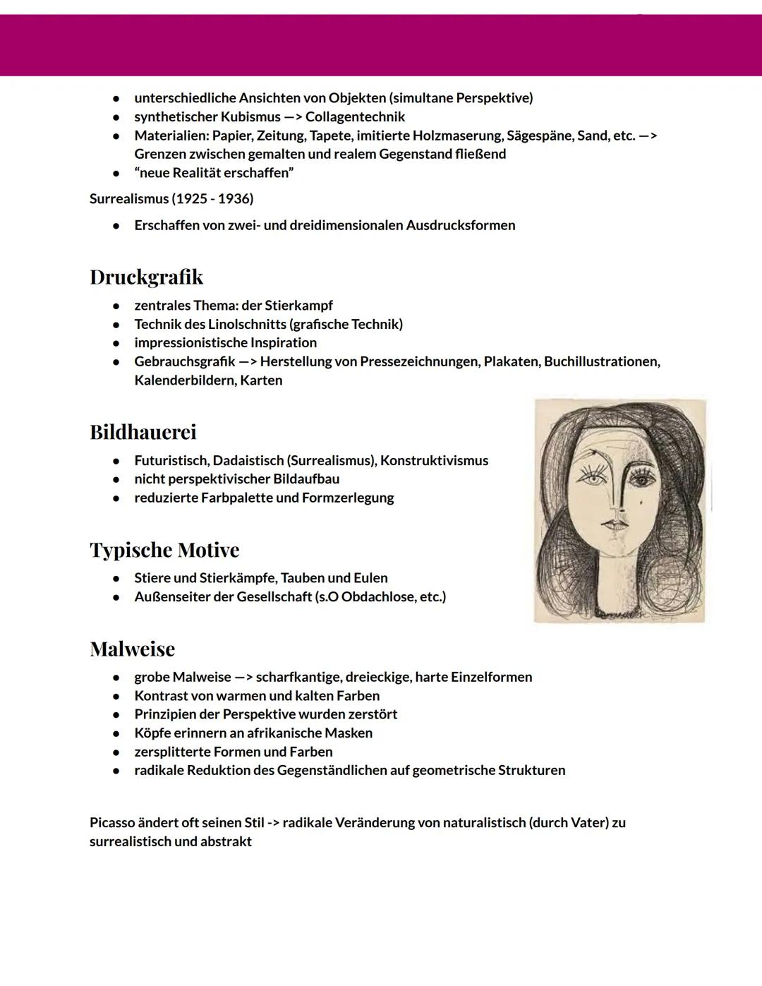 # Leben

Pablo Picasso

- 25.10.1881: Geburt in Malaga, Spanien
- 1889: erstes Ölgemälde Pikador (Alter: 8 Jahre)
- 1891: Umzug nach la Coru